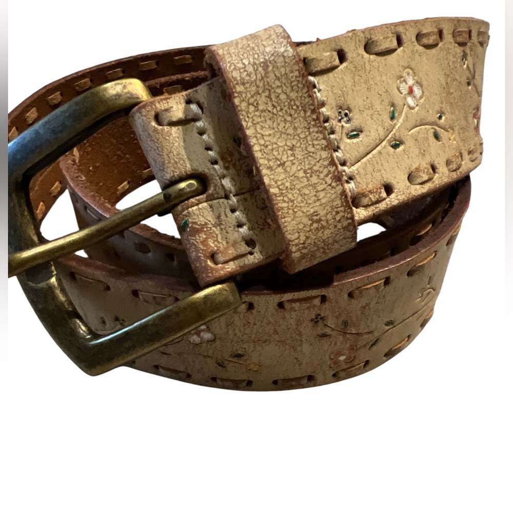 Fossil Tan Genuine Leather Belt with Multicolor Floral Embroidery - Picture 3 of 9